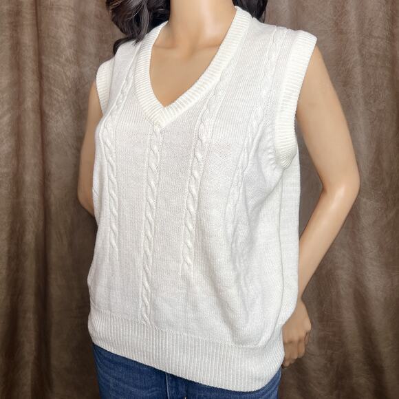 F.L. Limited Vintage Sweater Vest Sleeveless Cable Knit White V Neck Women's L - Picture 4 of 9
